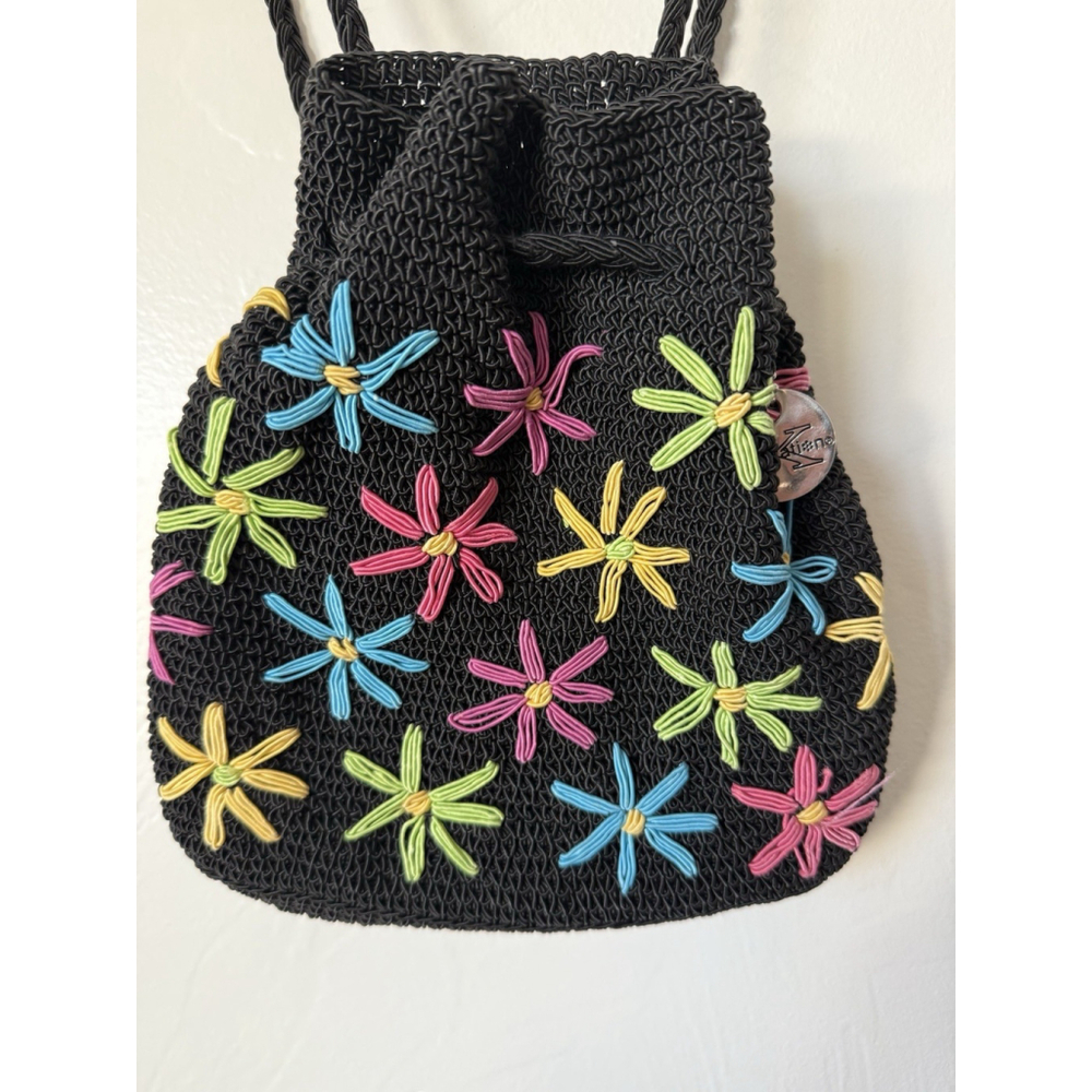 Y2K Xhilaration Black Crochet Mini Backpack W/ Multicolor Embroidered Flowers